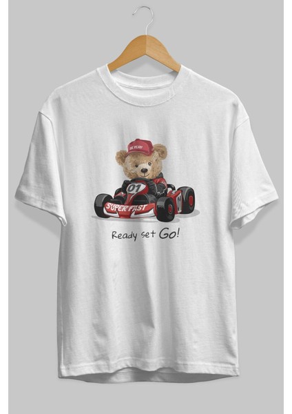 Teddy Bear Ready Set Go Ön Baskılı Beyaz Oversize T-Shirt Erkek Kadın Bisiklet Yaka