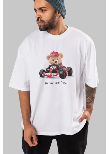 Teddy Bear Ready Set Go Ön Baskılı Beyaz Oversize T-Shirt Erkek Kadın Bisiklet Yaka fiyatları