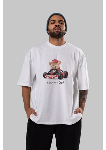 Teddy Bear Ready Set Go Ön Baskılı Beyaz Oversize T-Shirt Erkek Kadın Bisiklet Yaka modelleri