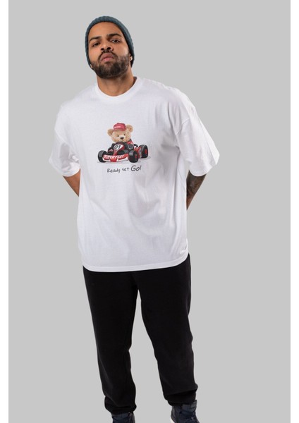 Teddy Bear Ready Set Go Ön Baskılı Beyaz Oversize T-Shirt Erkek Kadın Bisiklet Yaka fırsatları