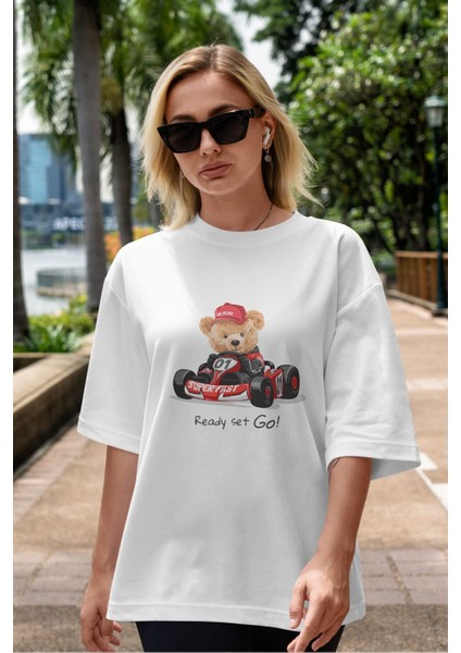 Teddy Bear Ready Set Go Ön Baskılı Beyaz Oversize T-Shirt Erkek Kadın Bisiklet Yaka indirimleri