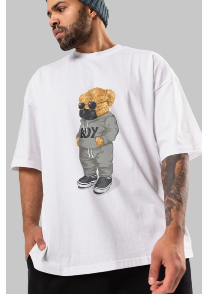 Teddy Bear Boy Ön Baskılı Beyaz Oversize T-Shirt Erkek Kadın Bisiklet Yaka