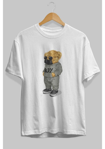 Teddy Bear Boy Ön Baskılı Beyaz Oversize T-Shirt Erkek Kadın Bisiklet Yaka fiyatları