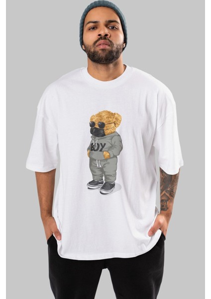 Teddy Bear Boy Ön Baskılı Beyaz Oversize T-Shirt Erkek Kadın Bisiklet Yaka modelleri
