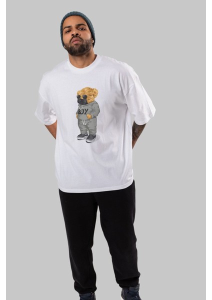 Teddy Bear Boy Ön Baskılı Beyaz Oversize T-Shirt Erkek Kadın Bisiklet Yaka fırsatları