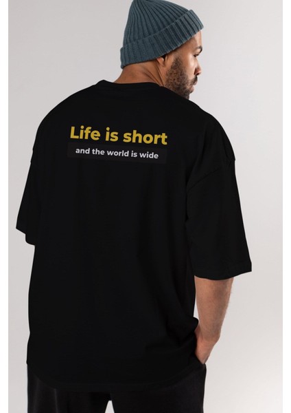 Life Is Short Yazılı Arka Baskılı Siyah Oversize T-Shirt Erkek Kadın Bisiklet Yaka fiyatları