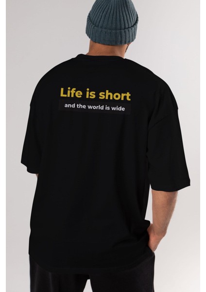 Life Is Short Yazılı Arka Baskılı Siyah Oversize T-Shirt Erkek Kadın Bisiklet Yaka fırsatları