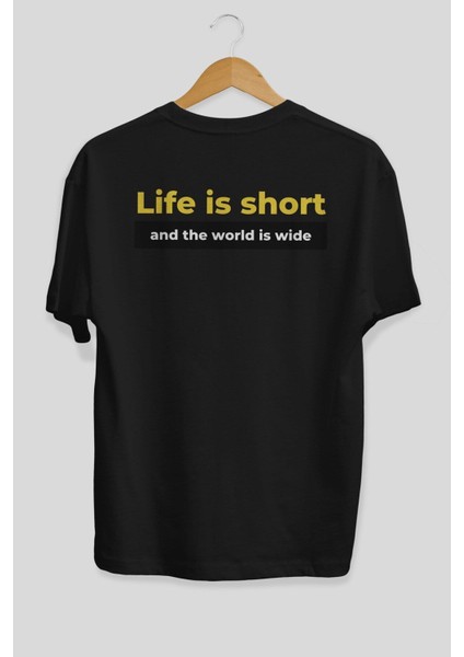 Life Is Short Yazılı Arka Baskılı Siyah Oversize T-Shirt Erkek Kadın Bisiklet Yaka indirimleri
