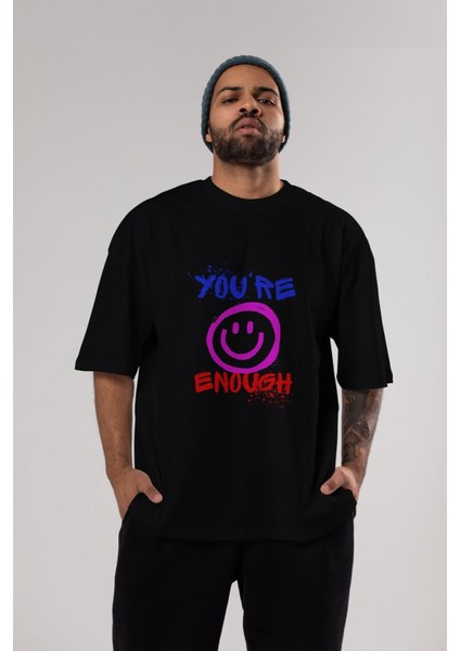 You Are Enough Yazılı Ön Baskılı Siyah Oversize T-Shirt Erkek Kadın Bisiklet Yaka modelleri