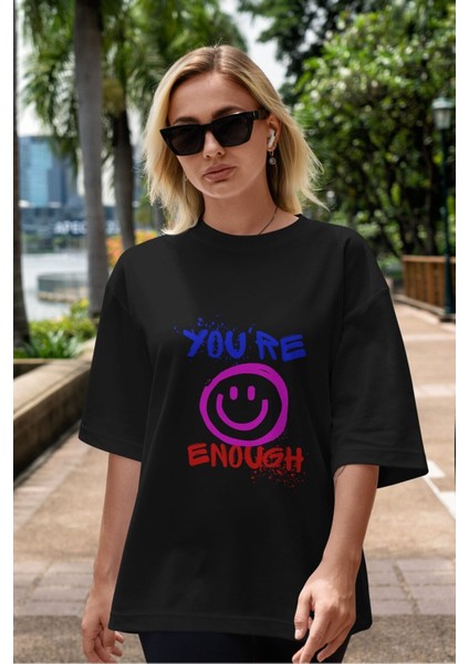 You Are Enough Yazılı Ön Baskılı Siyah Oversize T-Shirt Erkek Kadın Bisiklet Yaka indirimleri