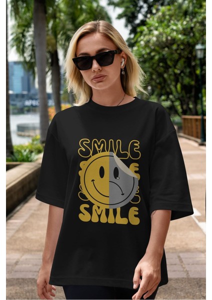 Smile Yazılı Ön Baskılı Siyah Oversize T-Shirt Erkek Kadın Bisiklet Yaka fiyatları