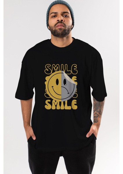 Smile Yazılı Ön Baskılı Siyah Oversize T-Shirt Erkek Kadın Bisiklet Yaka modelleri