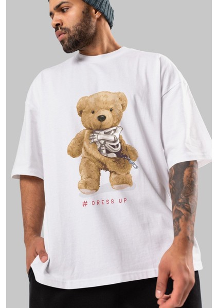 Teddy Bear Dress Up Ön Baskılı Beyaz Oversize T-Shirt Erkek Kadın Bisiklet Yaka
