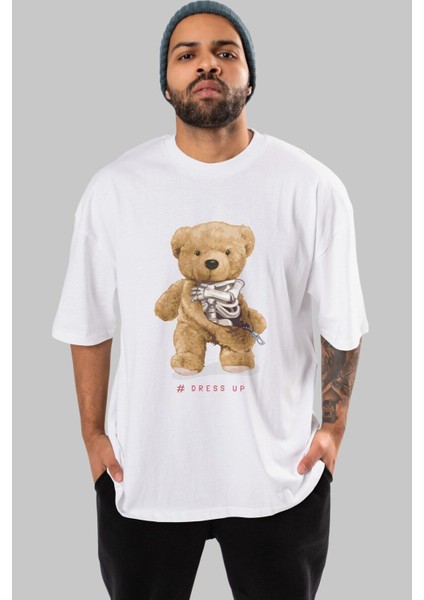 Teddy Bear Dress Up Ön Baskılı Beyaz Oversize T-Shirt Erkek Kadın Bisiklet Yaka fiyatları