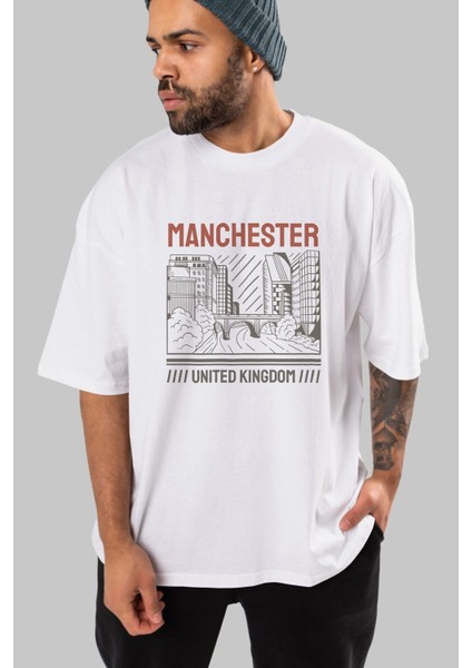 Manchester Ön Baskılı Beyaz Oversize T-Shirt Erkek Kadın Bisiklet Yaka