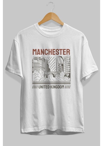 Manchester Ön Baskılı Beyaz Oversize T-Shirt Erkek Kadın Bisiklet Yaka fırsatları