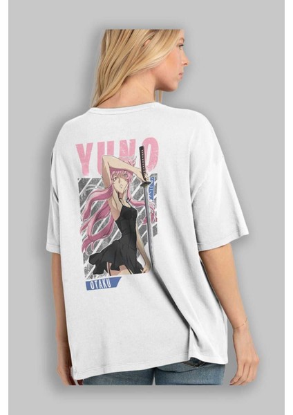 Yuno Gasai 5 Anime Arka Baskılı Beyaz Oversize T-Shirt Pamuk Erkek Kadın modelleri