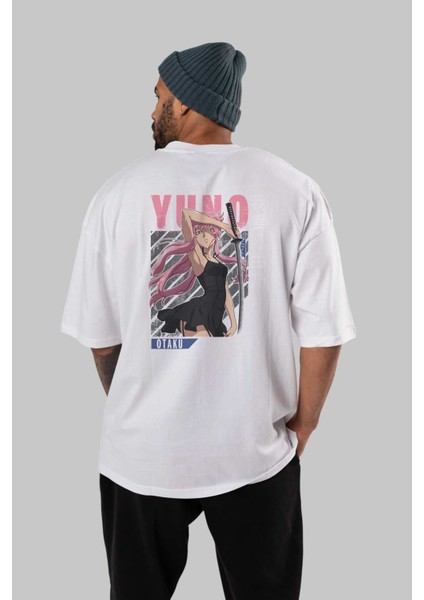 Yuno Gasai 5 Anime Arka Baskılı Beyaz Oversize T-Shirt Pamuk Erkek Kadın fırsatları