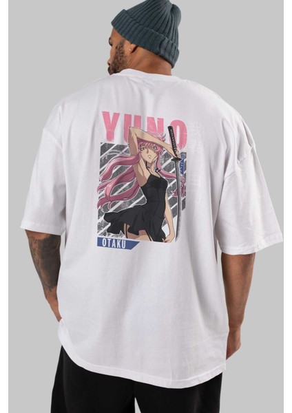 Yuno Gasai 5 Anime Arka Baskılı Beyaz Oversize T-Shirt Pamuk Erkek Kadın indirimleri
