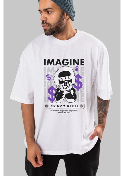 Imagine Crazy Rich Ön Baskılı Beyaz Oversize T-Shirt Erkek Kadın Bisiklet Yaka