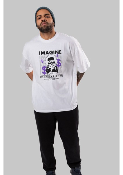 Imagine Crazy Rich Ön Baskılı Beyaz Oversize T-Shirt Erkek Kadın Bisiklet Yaka fiyatları