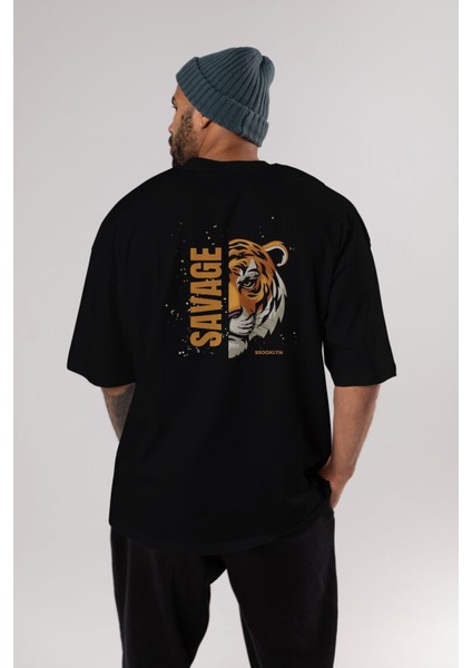 Savage Brooklyn Yazılı Arka Baskılı Siyah Oversize T-Shirt Erkek Kadın Bisiklet Yaka