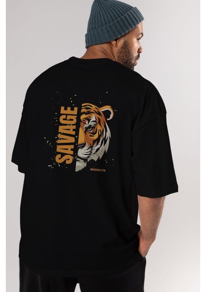 Savage Brooklyn Yazılı Arka Baskılı Siyah Oversize T-Shirt Erkek Kadın Bisiklet Yaka fırsatları