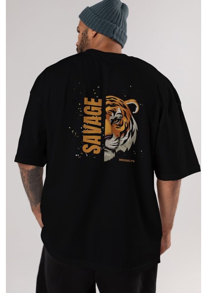 Savage Brooklyn Yazılı Arka Baskılı Siyah Oversize T-Shirt Erkek Kadın Bisiklet Yaka indirimleri