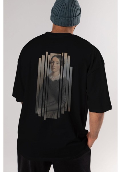 Retro Portre Arka Baskılı Siyah Oversize T-Shirt Erkek Kadın Bisiklet Yaka modelleri