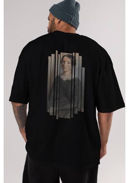 Retro Portre Arka Baskılı Siyah Oversize T-Shirt Erkek Kadın Bisiklet Yaka indirimleri