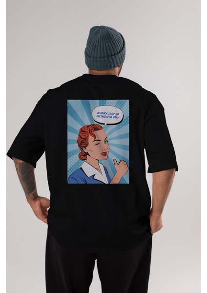 Everyday Is Women Day Arka Baskılı Siyah Oversize T-Shirt Erkek Kadın Bisiklet Yaka fiyatları