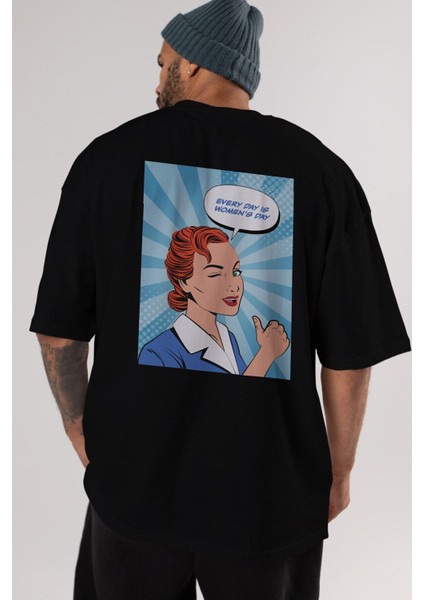 Everyday Is Women Day Arka Baskılı Siyah Oversize T-Shirt Erkek Kadın Bisiklet Yaka modelleri