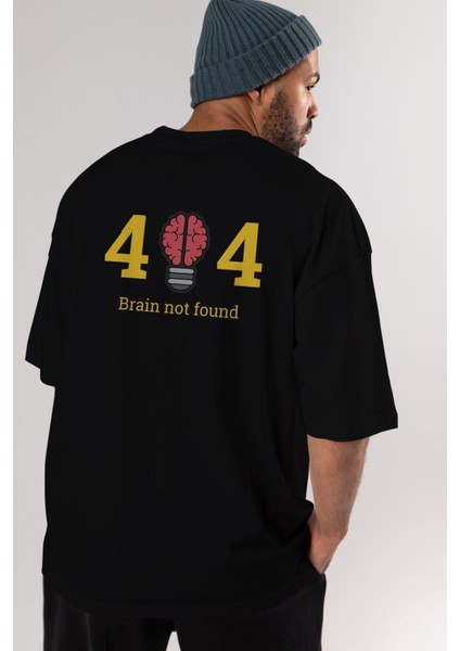 404 Brain Not Found Arka Baskılı Siyah Oversize T-Shirt Erkek Kadın Bisiklet Yaka modelleri