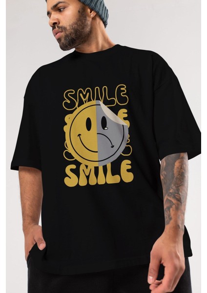 Smile Yazılı Ön Baskılı Siyah Oversize T-Shirt Erkek Kadın Bisiklet Yaka fırsatları