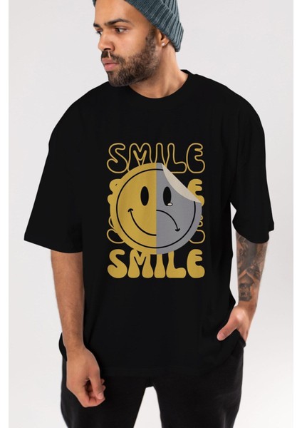 Smile Yazılı Ön Baskılı Siyah Oversize T-Shirt Erkek Kadın Bisiklet Yaka indirimleri