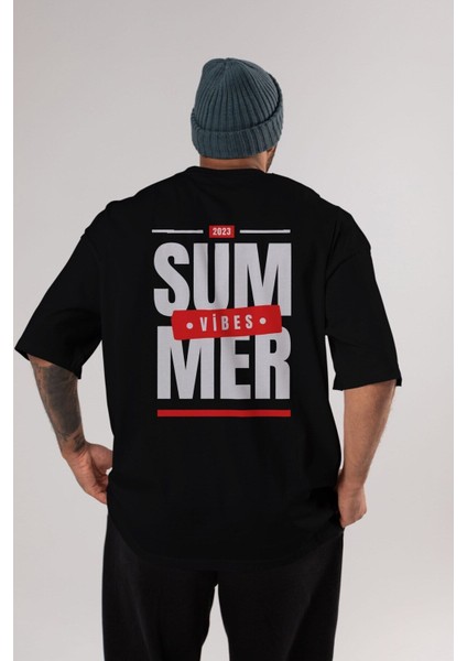 Summer Vibes Arka Baskılı Siyah Oversize T-Shirt Erkek Kadın Bisiklet Yaka