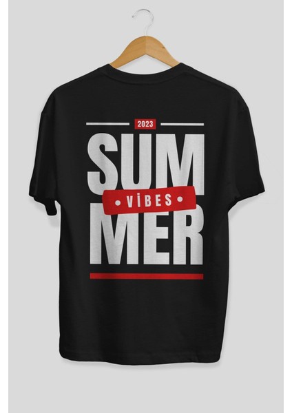 Summer Vibes Arka Baskılı Siyah Oversize T-Shirt Erkek Kadın Bisiklet Yaka