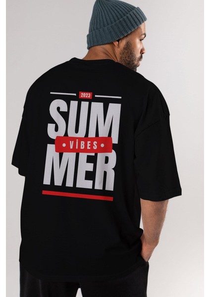 Summer Vibes Arka Baskılı Siyah Oversize T-Shirt Erkek Kadın Bisiklet Yaka
