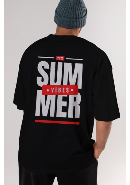 Summer Vibes Arka Baskılı Siyah Oversize T-Shirt Erkek Kadın Bisiklet Yaka