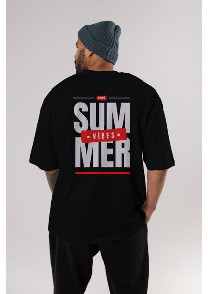 Summer Vibes Arka Baskılı Siyah Oversize T-Shirt Erkek Kadın Bisiklet Yaka
