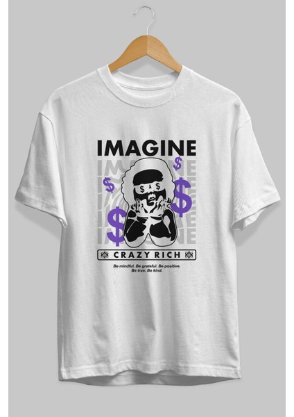 Imagine Crazy Rich Ön Baskılı Beyaz Oversize T-Shirt Erkek Kadın Bisiklet Yaka modelleri