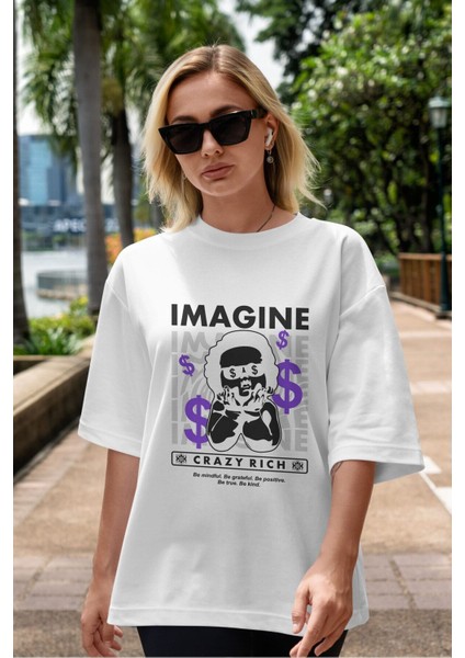 Imagine Crazy Rich Ön Baskılı Beyaz Oversize T-Shirt Erkek Kadın Bisiklet Yaka fırsatları