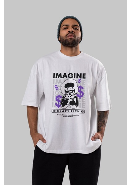 Imagine Crazy Rich Ön Baskılı Beyaz Oversize T-Shirt Erkek Kadın Bisiklet Yaka indirimleri