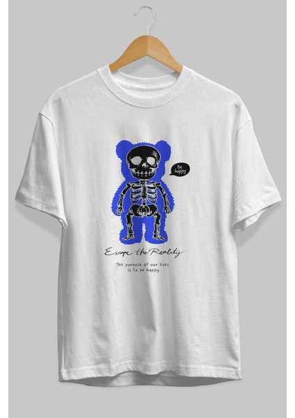 Be Happy Bear Ön Baskılı Beyaz Oversize T-Shirt Erkek Kadın Bisiklet Yaka