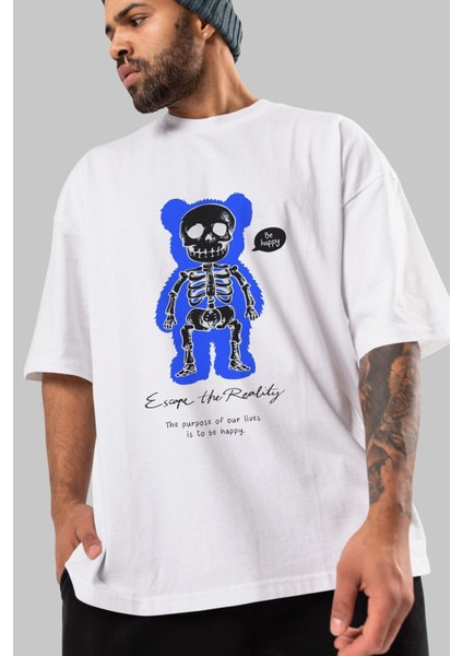 Be Happy Bear Ön Baskılı Beyaz Oversize T-Shirt Erkek Kadın Bisiklet Yaka fiyatları