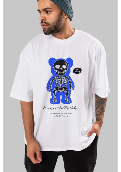 Be Happy Bear Ön Baskılı Beyaz Oversize T-Shirt Erkek Kadın Bisiklet Yaka fırsatları