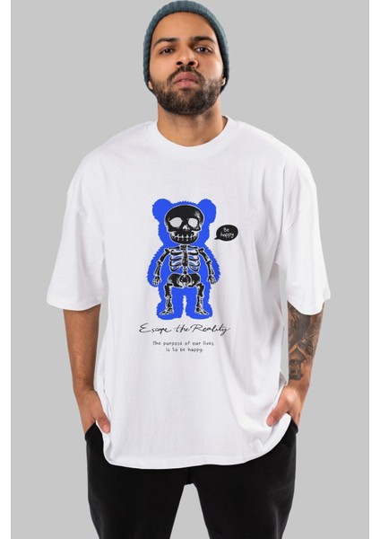 Be Happy Bear Ön Baskılı Beyaz Oversize T-Shirt Erkek Kadın Bisiklet Yaka indirimleri