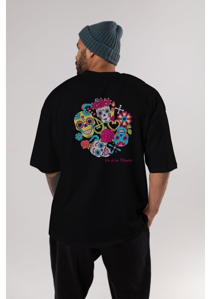 Dia De Los Muertos Arka Baskılı Siyah Oversize T-Shirt Erkek Kadın Bisiklet Yaka