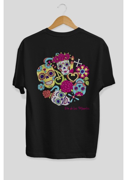 Dia De Los Muertos Arka Baskılı Siyah Oversize T-Shirt Erkek Kadın Bisiklet Yaka fiyatları