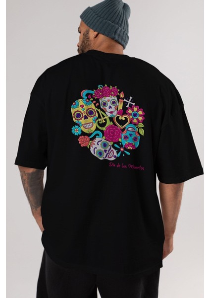 Dia De Los Muertos Arka Baskılı Siyah Oversize T-Shirt Erkek Kadın Bisiklet Yaka modelleri